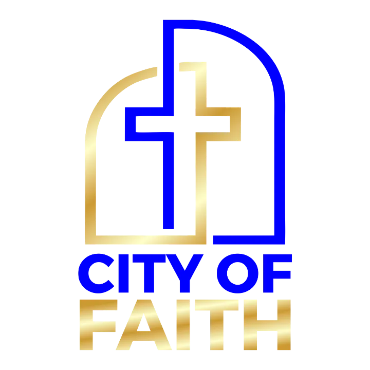 Gold and blue City of Faith logo with cross in both blue and gold