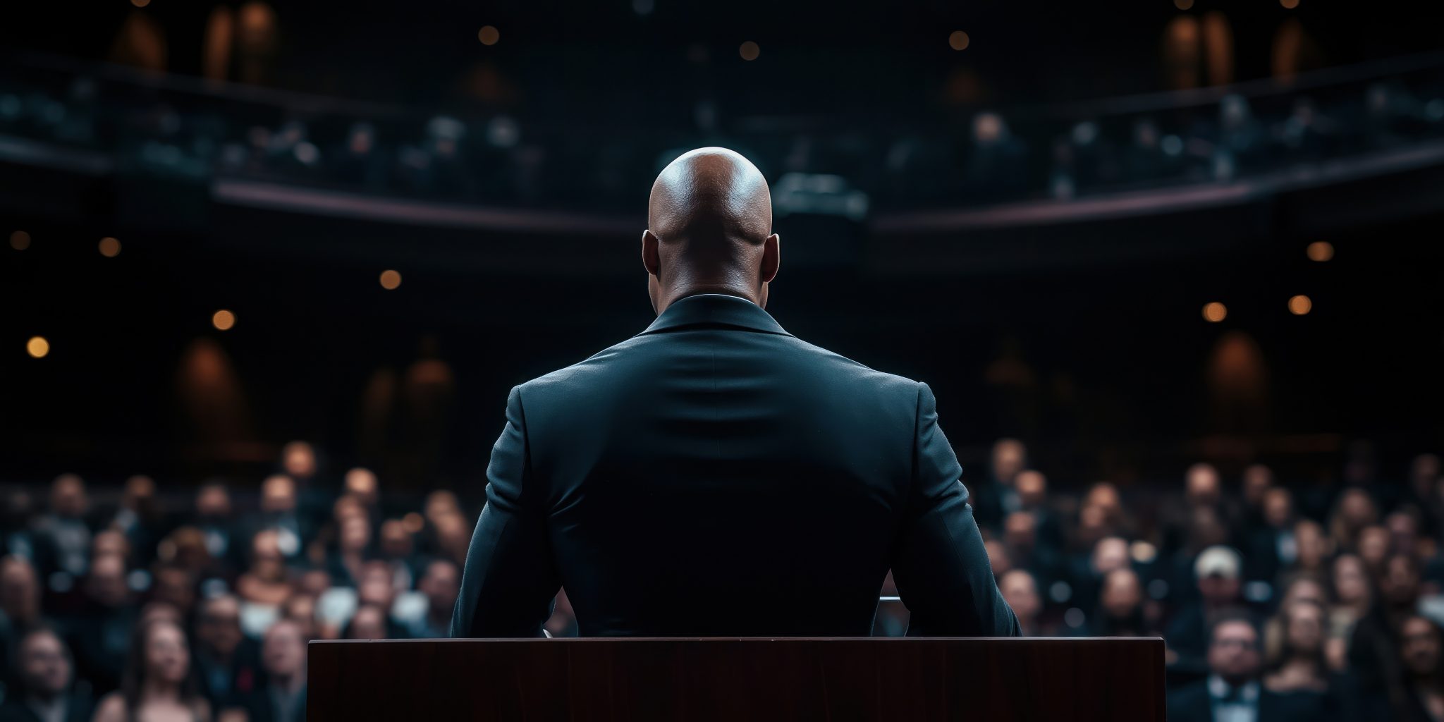 Bald African-American man in dark suit stands behind podium addressing diverse audience in auditorium or large church.